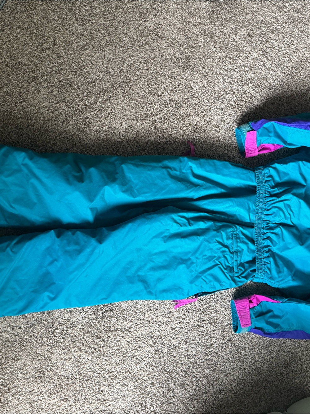 VINTAGE. 90’s Columbia Teal Ski One-Piece Suit with Purple and Pink Accents - Picture 5 of 10